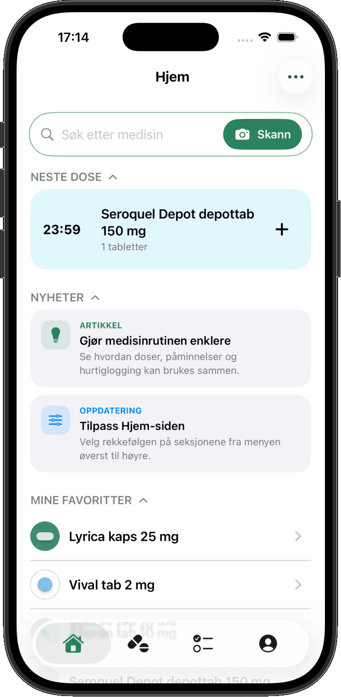 Skjermbilde av Hjem-siden i Medeo-appen